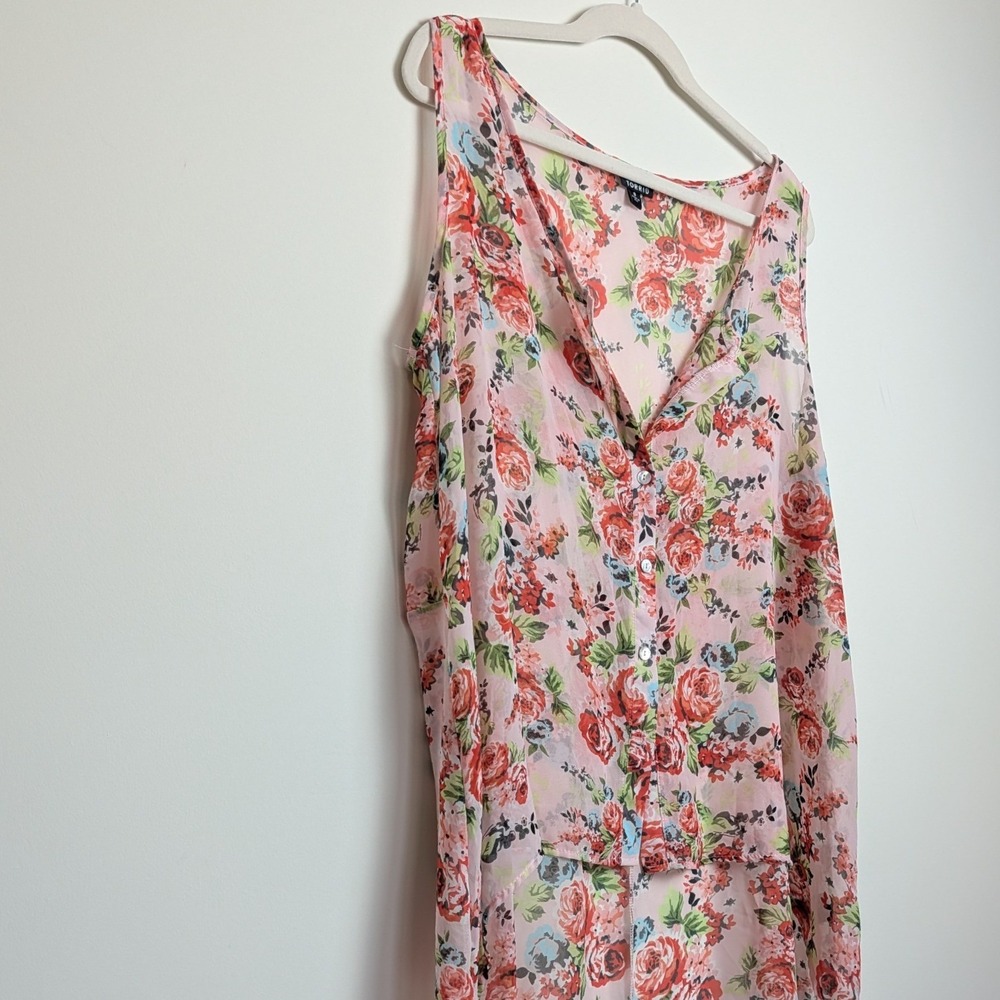 Torrid Womens Plus 0X Pink Floral Sheer Chiffon Hi-Low Sleeveless Tunic Blouse - Picture 6 of 9